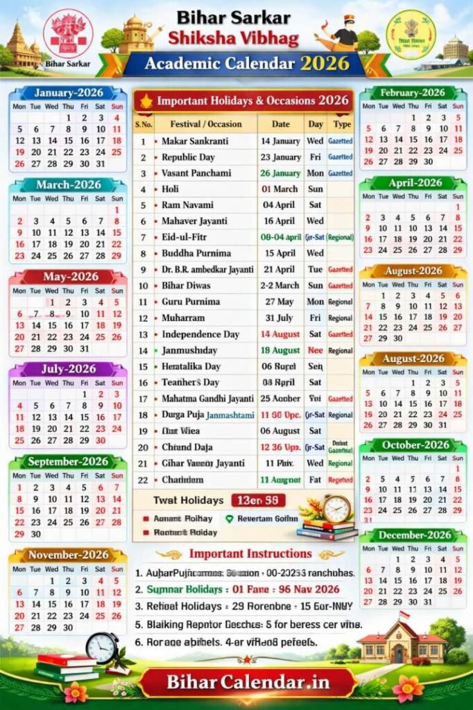 Bihar Calendar 2026