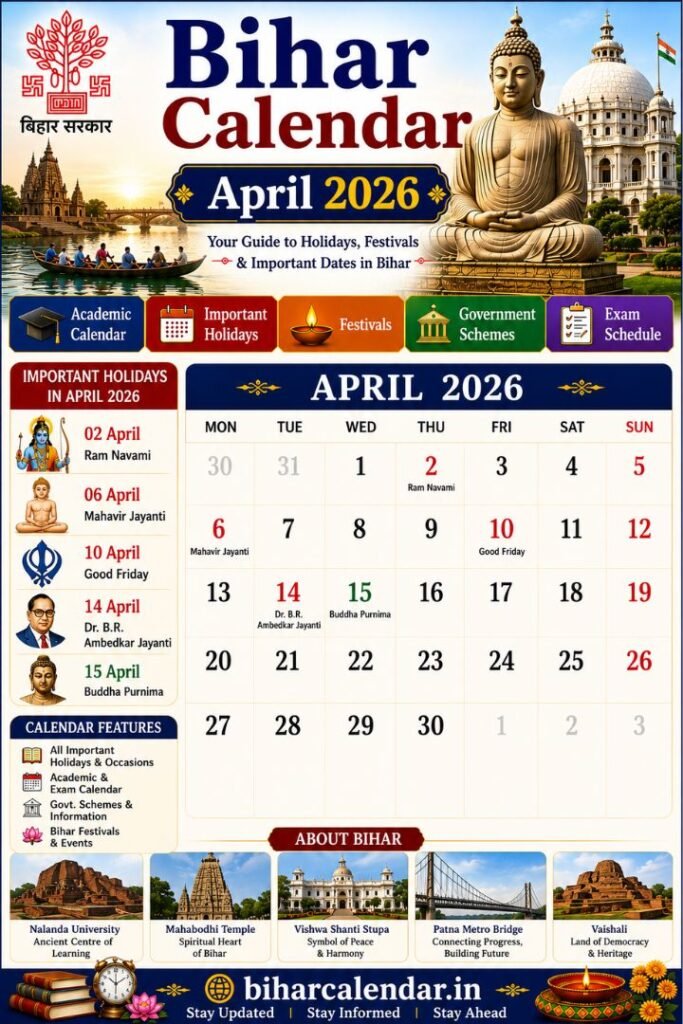 Bihar Calendar April 2026