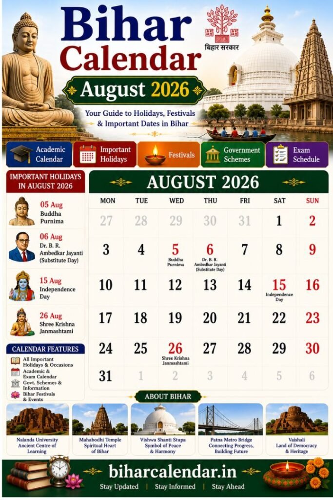 Bihar Calendar August 2026