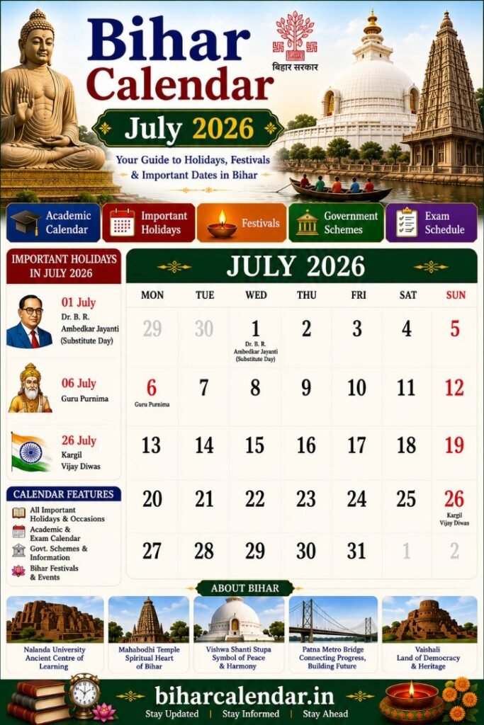 Bihar Calendar July 2026
